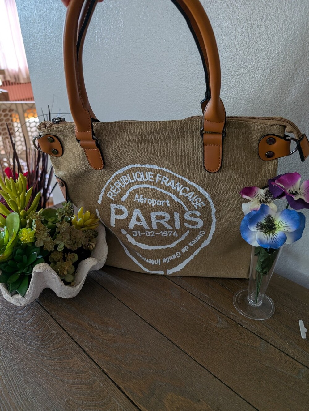Tan Canvas Paris Weekender Duffel with Tan Handles